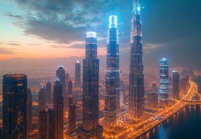 Dubaj o zmierzchu, świetliste sieci 6G nad przezroczystymi wieżowcami, cyfrowy bliźniak w centrum.