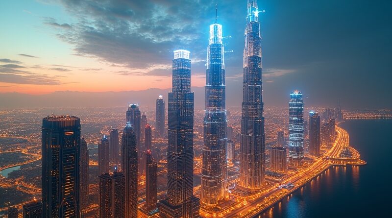 Dubaj o zmierzchu, świetliste sieci 6G nad przezroczystymi wieżowcami, cyfrowy bliźniak w centrum.
