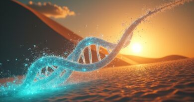 Futurystyczne laboratorium w Dubaju, świetlista wydma, kryształowa helisa DNA, cyfrowy wschód słońca, złoto, cyjan, perła.