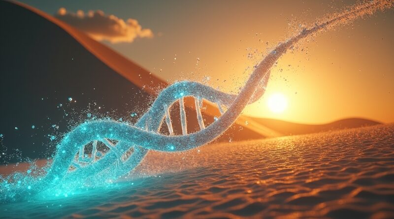 Futurystyczne laboratorium w Dubaju, świetlista wydma, kryształowa helisa DNA, cyfrowy wschód słońca, złoto, cyjan, perła.