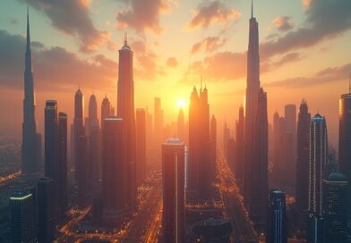 Sylwetki Dubaju o zmierzchu, przezroczyste byty AI i lśniące strumienie danych.