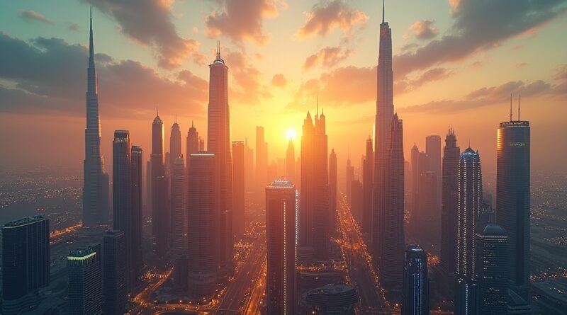 Sylwetki Dubaju o zmierzchu, przezroczyste byty AI i lśniące strumienie danych.