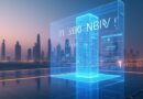 Dubajski krajobraz z neonową willą i hologramem AI w zmierzchu.