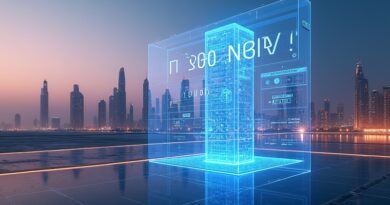 Dubajski krajobraz z neonową willą i hologramem AI w zmierzchu.