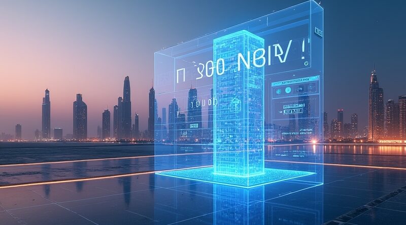 Dubajski krajobraz z neonową willą i hologramem AI w zmierzchu.