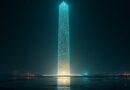 Monolityczny, świecący obelisk z heksagonami JavaScript wznosi się nad czarną refleksyjną równiną.