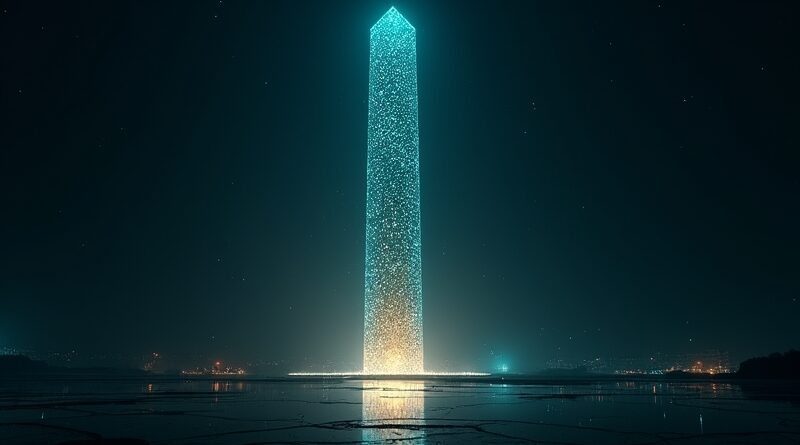Monolityczny, świecący obelisk z heksagonami JavaScript wznosi się nad czarną refleksyjną równiną.