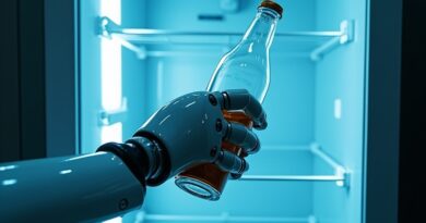 Robotyczne ramię w błękitnym świetle wyjmuje szklaną butelkę z lodówki.