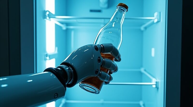Robotyczne ramię w błękitnym świetle wyjmuje szklaną butelkę z lodówki.