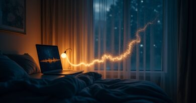 Ciemna sypialnia, laptop i złota rzeka fal audio w kosmiczną przestrzeń, symbol startupu