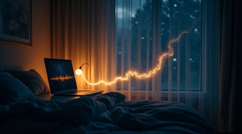 Ciemna sypialnia, laptop i złota rzeka fal audio w kosmiczną przestrzeń, symbol startupu