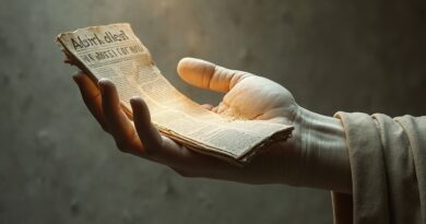 Starożytna grecka statua gazety, pęknięta, w cyfrowej dłoni z AI Overview.