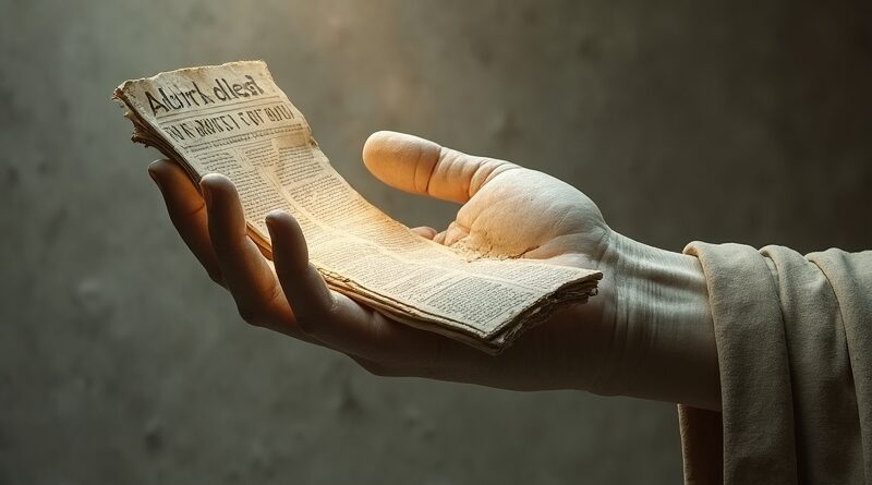Starożytna grecka statua gazety, pęknięta, w cyfrowej dłoni z AI Overview.
