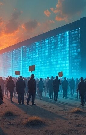 Łańcuch protestujących przed ogromnym centrum danych, aresztowania, podarte transparenty w ostrym świetle.