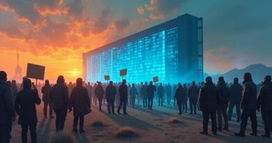 Łańcuch protestujących przed ogromnym centrum danych, aresztowania, podarte transparenty w ostrym świetle.