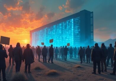 Łańcuch protestujących przed ogromnym centrum danych, aresztowania, podarte transparenty w ostrym świetle.