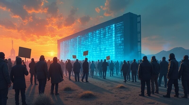 Łańcuch protestujących przed ogromnym centrum danych, aresztowania, podarte transparenty w ostrym świetle.