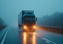 Autonomiczna ciężarówka jedzie o zmroku po mokrej autostradzie, bez kierowcy.