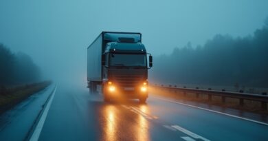 Autonomiczna ciężarówka jedzie o zmroku po mokrej autostradzie, bez kierowcy.