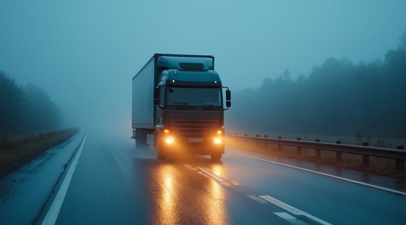 Autonomiczna ciężarówka jedzie o zmroku po mokrej autostradzie, bez kierowcy.