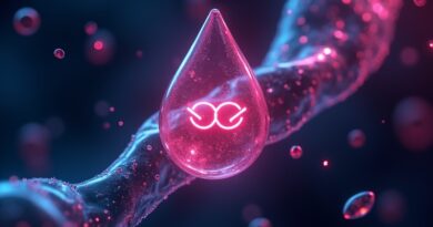 Cyfrowy krwioobieg z symbolem Gemini AI i cząsteczkami glukozy w neonowym świetle