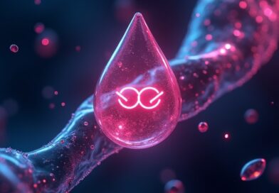 Cyfrowy krwioobieg z symbolem Gemini AI i cząsteczkami glukozy w neonowym świetle