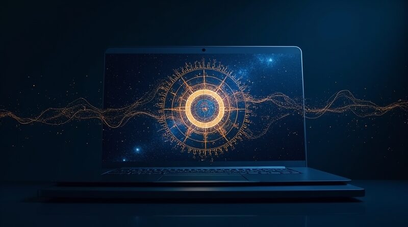 Błękitno-złoty holograficzny rdzeń AI Gemini 4 na ciemnym pulpicie, naprawiający kod.