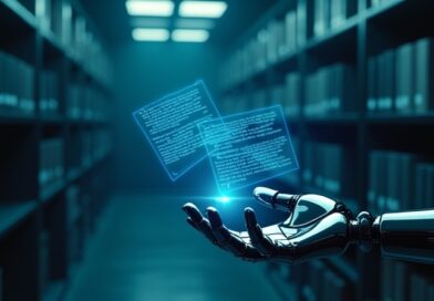 Nowoczesna biblioteka prawnicza, holograficzne dokumenty, robotyczna dłoń dotyka cyfrowego gawota.