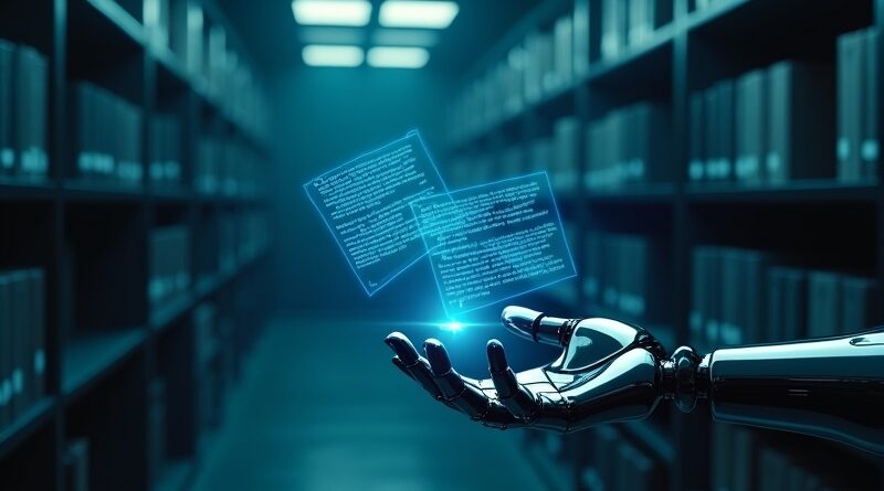 Nowoczesna biblioteka prawnicza, holograficzne dokumenty, robotyczna dłoń dotyka cyfrowego gawota.