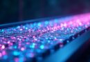 Kamera dolly na torze, pixelowe bloki przechodzą w kinową ramkę, niebiesko-magenta, futurystyczny minimalizm