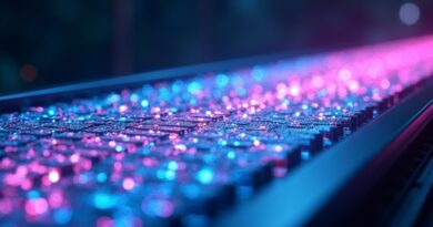 Kamera dolly na torze, pixelowe bloki przechodzą w kinową ramkę, niebiesko-magenta, futurystyczny minimalizm