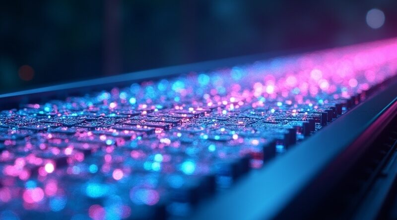 Kamera dolly na torze, pixelowe bloki przechodzą w kinową ramkę, niebiesko-magenta, futurystyczny minimalizm