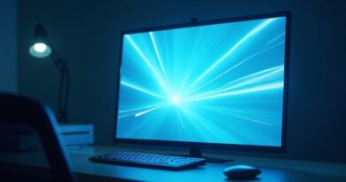 Rozmyte okno Chrome przechodzące w lśniącą, kryształową aplikację Gemini na ciemnym biurku.