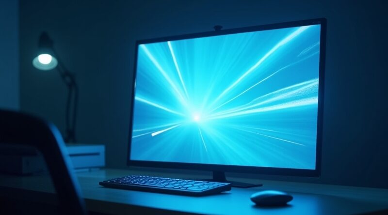 Rozmyte okno Chrome przechodzące w lśniącą, kryształową aplikację Gemini na ciemnym biurku.