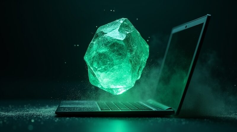 Znikajacy kryształ nad laptopem w mroku