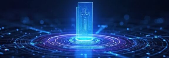 Futurystyczna ikona agenta AI wyłania się z cyfrowego projektu w niebiesko-fioletowych barwach.