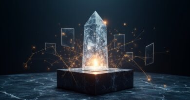 Lśniący kryształowy rdzeń AI na marmurowym postumencie, otoczony hologramami i złotymi nićmi