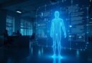 Błękitny agent AI w formie światła unosi się w ciemnym biurze, wyświetlając dane na hologramach.