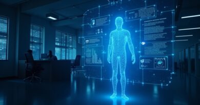 Błękitny agent AI w formie światła unosi się w ciemnym biurze, wyświetlając dane na hologramach.