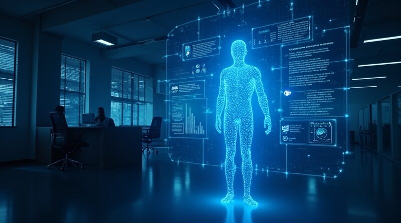 Błękitny agent AI w formie światła unosi się w ciemnym biurze, wyświetlając dane na hologramach.