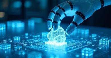 Robotyczne ramię umieszcza świecący model molekularny w niebieskim laboratorium z chipami Ascend.