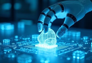 Robotyczne ramię umieszcza świecący model molekularny w niebieskim laboratorium z chipami Ascend.