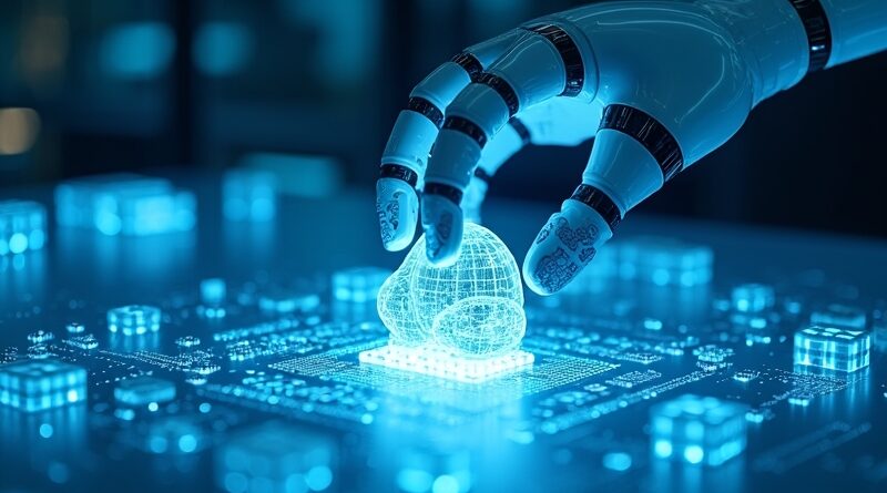 Robotyczne ramię umieszcza świecący model molekularny w niebieskim laboratorium z chipami Ascend.