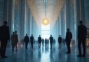 Globalne partnerstwo: złote strumienie danych łączą konsultantów IBM z AI orbą OpenAI.