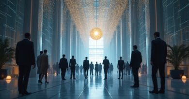 Globalne partnerstwo: złote strumienie danych łączą konsultantów IBM z AI orbą OpenAI.