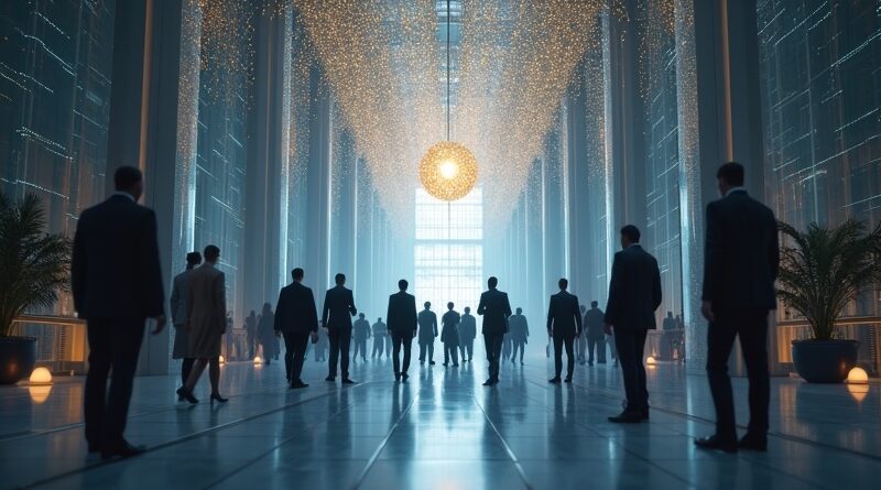 Globalne partnerstwo: złote strumienie danych łączą konsultantów IBM z AI orbą OpenAI.