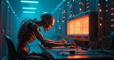 Szkieletowy robot przy biurku z migoczącym miernikiem mocy w serwerowni.