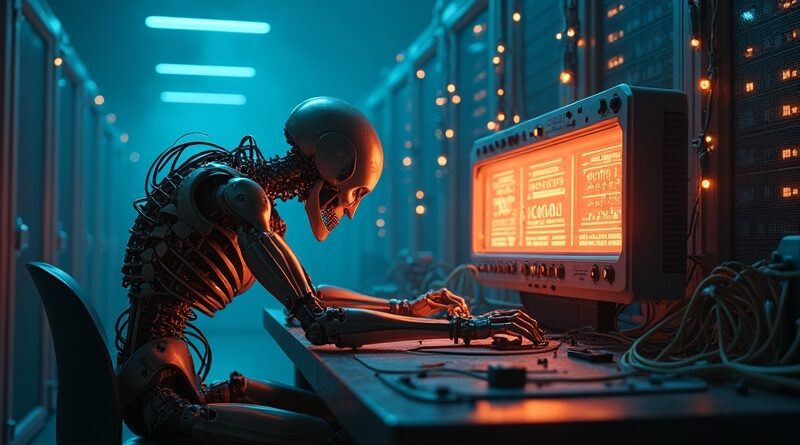 Szkieletowy robot przy biurku z migoczącym miernikiem mocy w serwerowni.