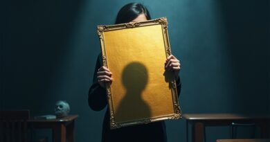 Student trzyma złoty dyplom, cień pustej łupiny, szepty AI kształtują papier.
