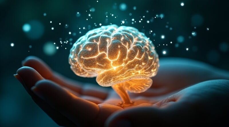 Miniaturowy, krystaliczny mózg z jarzącymi się, tealowymi neuronami, unosi się nad dłonią na tle holograficznych wykresów.